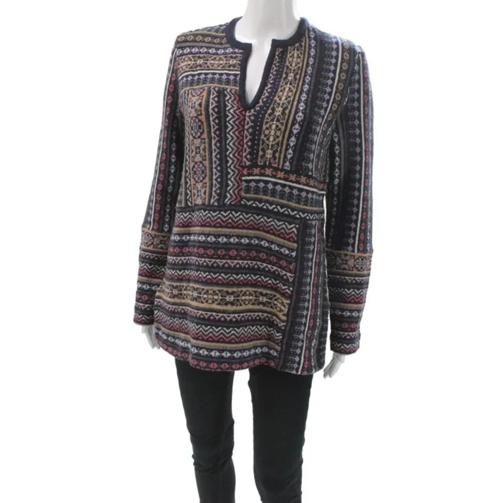 Tory Burch Womens V-Neck Fair Isle Black Tunic Sweater Bohemian Size S